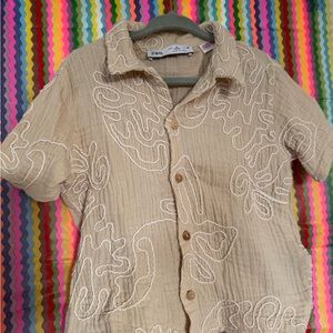 Zara Cream Textured Embroidered Short Sleeve Shirt
